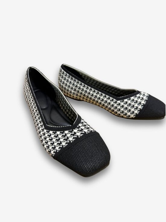 Newbella Shoes - Black White Knit Ballet Flats Square Toe Cap Toe Shoes 8.5